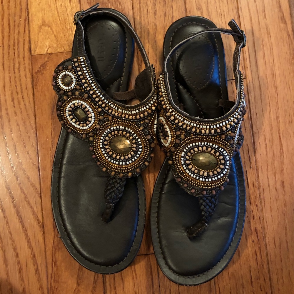 Fossil "Ross" Boho Beaded Leather Sandals | Size 9